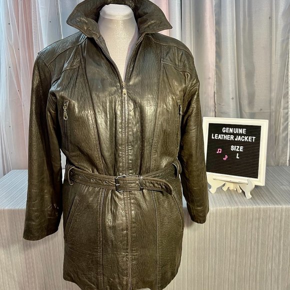 Brown Mid-thigh Customizable 3 Seasons Genuine Leather Jacket - Size L - Picture 4 of 16